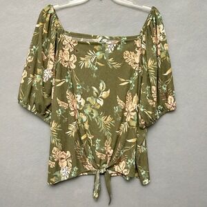 C Est. 1946 Top Women's 26/28W Green Floral Tie Front Peasant Babydoll Cottage